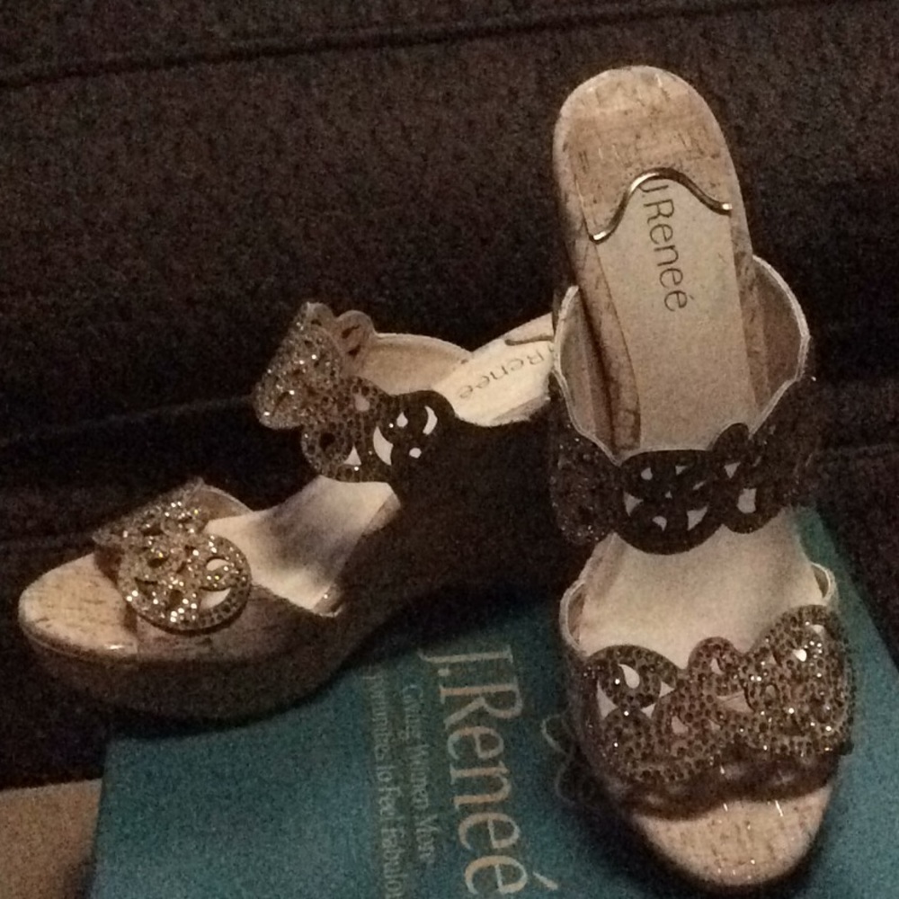 💥J. Renee-Gold Rhinestones/Cork Wedge Sandals NIB